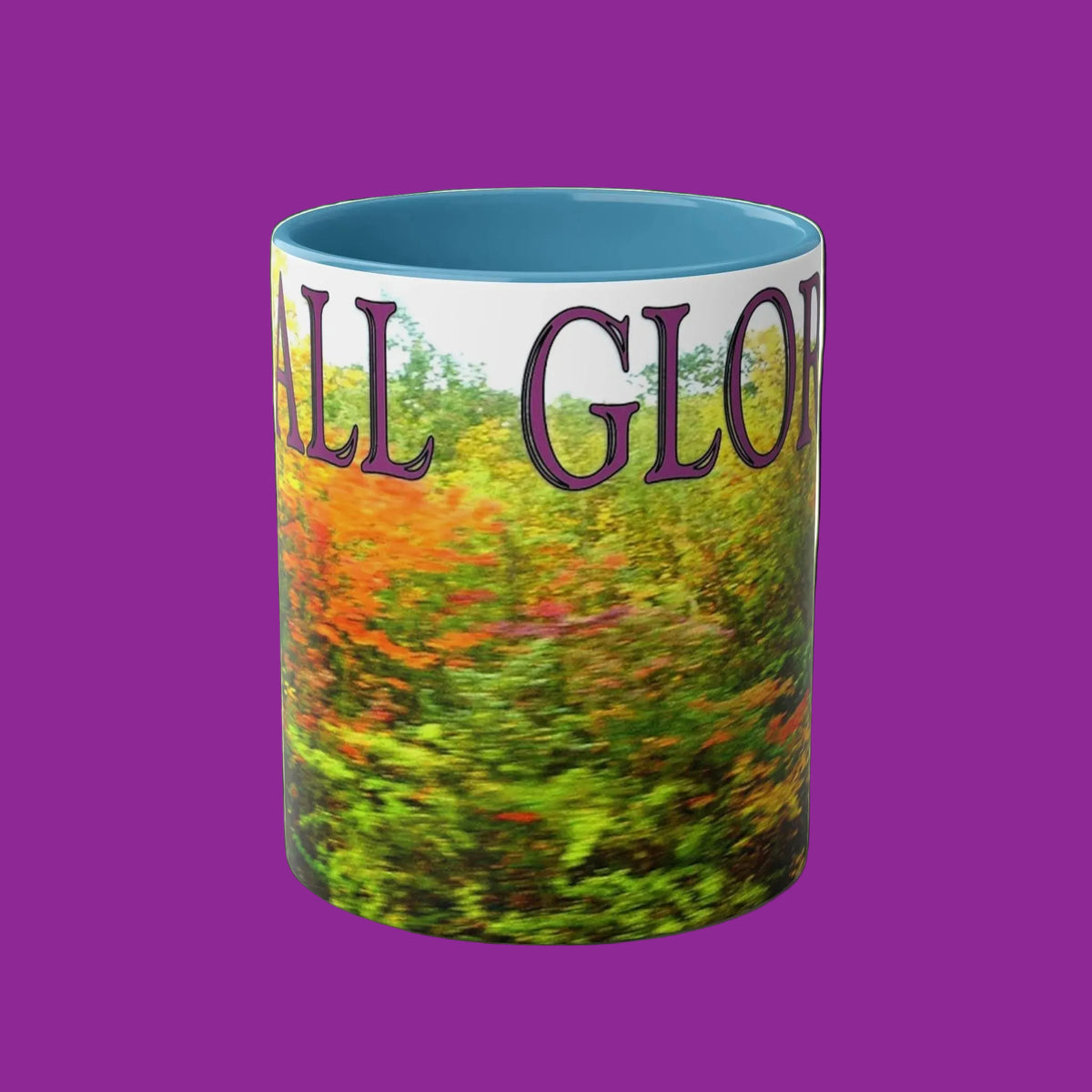 Mug with colorful Fall landscape design and 'FAll Glory' text - Choice of Accent Colors