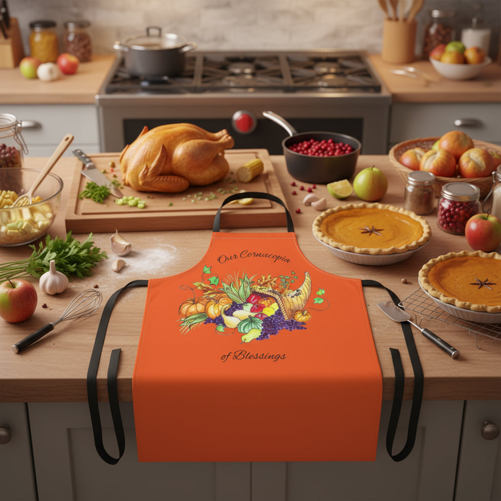 Orange Apron with cornucopia design and text on a busy Thanksgiving or any day with blessings