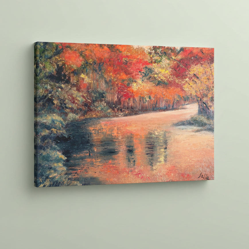 An impressionist-style landscape painting of a colorful foliage reflected in water, surrounded by vivid autumn foliage in red, orange, yellow, and green tones
