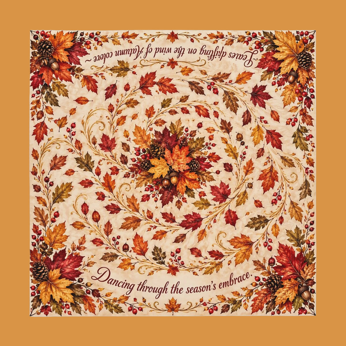 colorful Autumn themed tablecloth with swirting Fall leaves and poem: 'Leaves drifting on the wind of Autumn ~ Dancing throught the season's embrace'