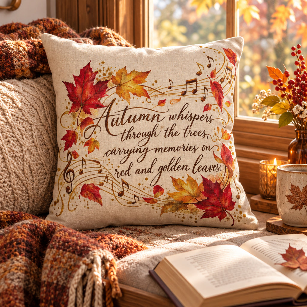 Decor throw pillow for Autumn with drifting notes and leaves and text: Autumn whispers through the trees ....