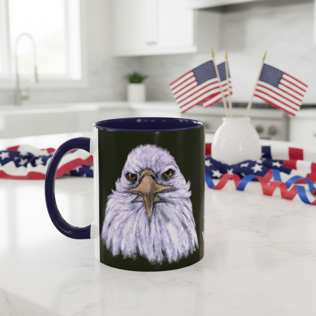 Mug with a bald eagle design on a black background and NAVY accents and large C Handle