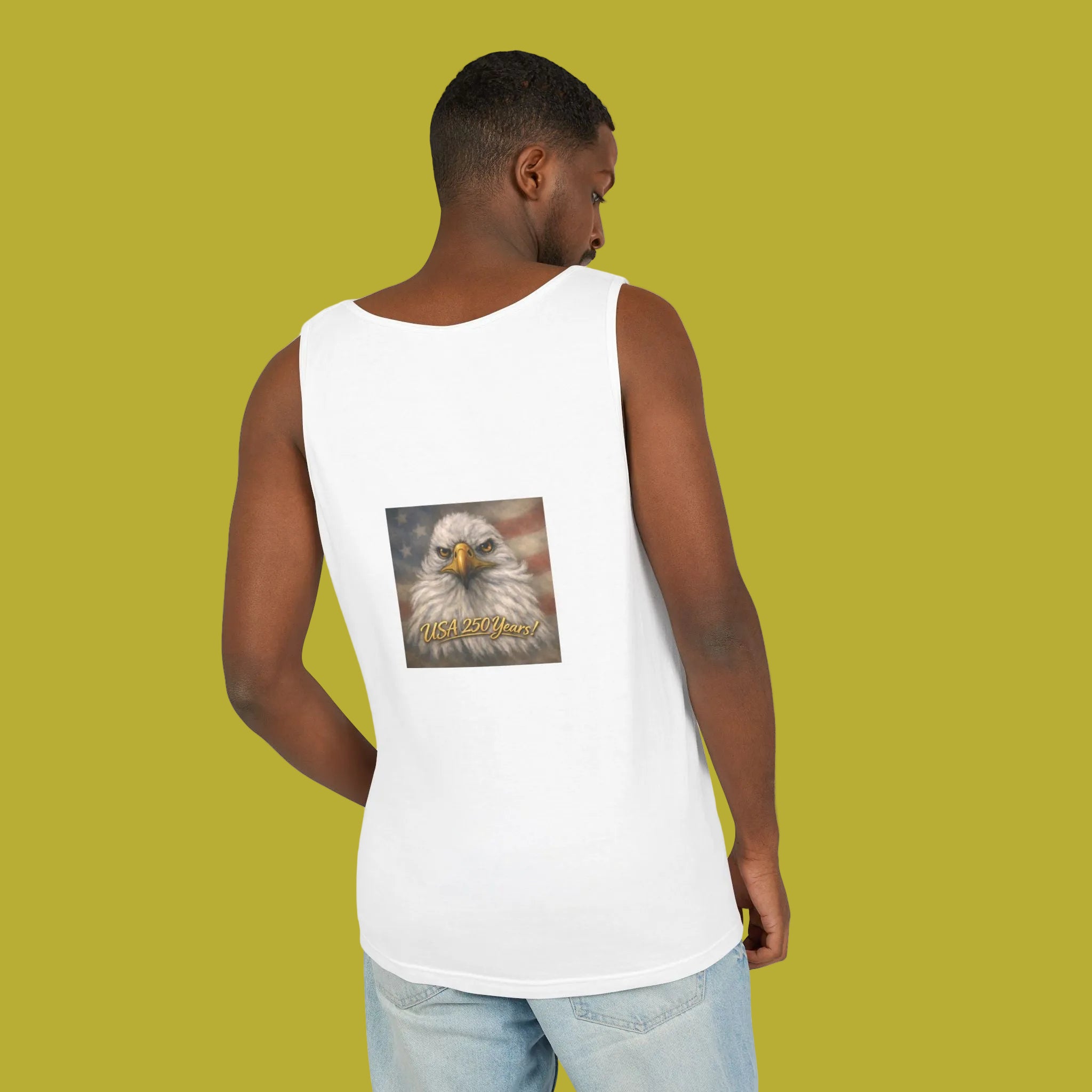 Man wearing a white tank top with a bald eagle painting on the back