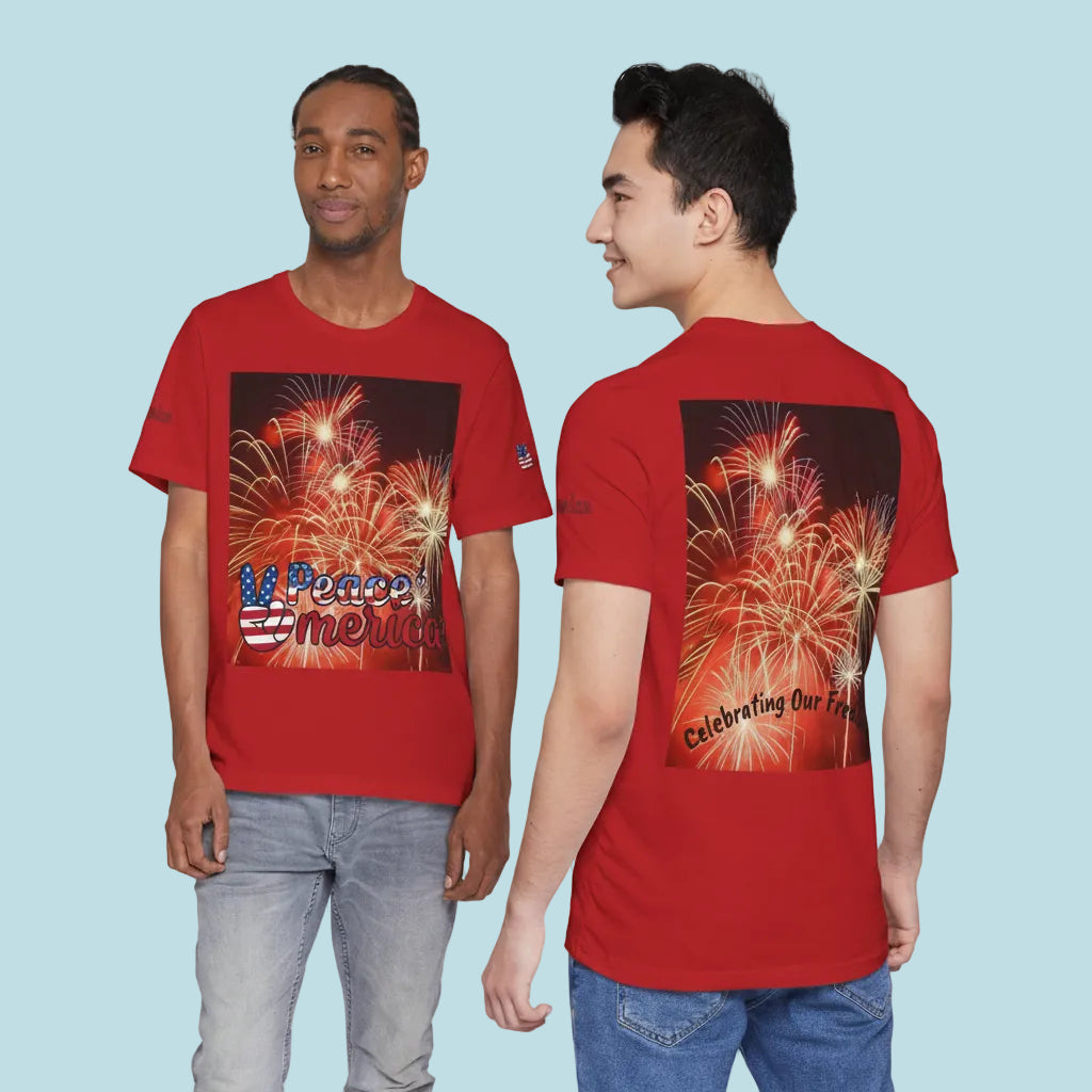 Red t-shirts with fireworks design front and  back. XS-4XL