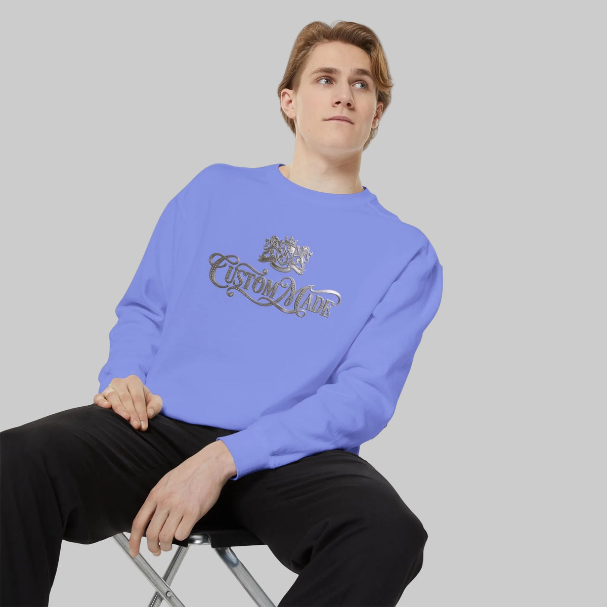 Flo blue sweatshirt with text, CUSTOM MADE in silver with crest