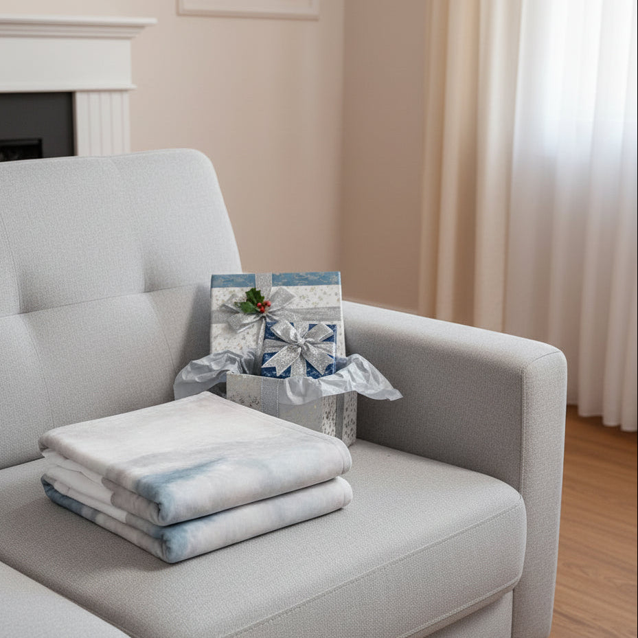 Folded Warm, plush throw with a painted Ocean Sunrise
