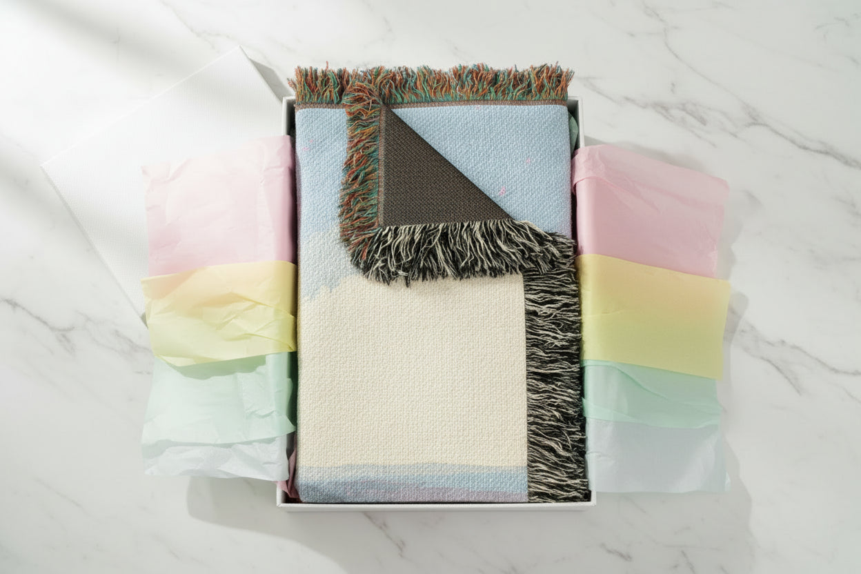 Multicolored woven blanket with fringed edges folded