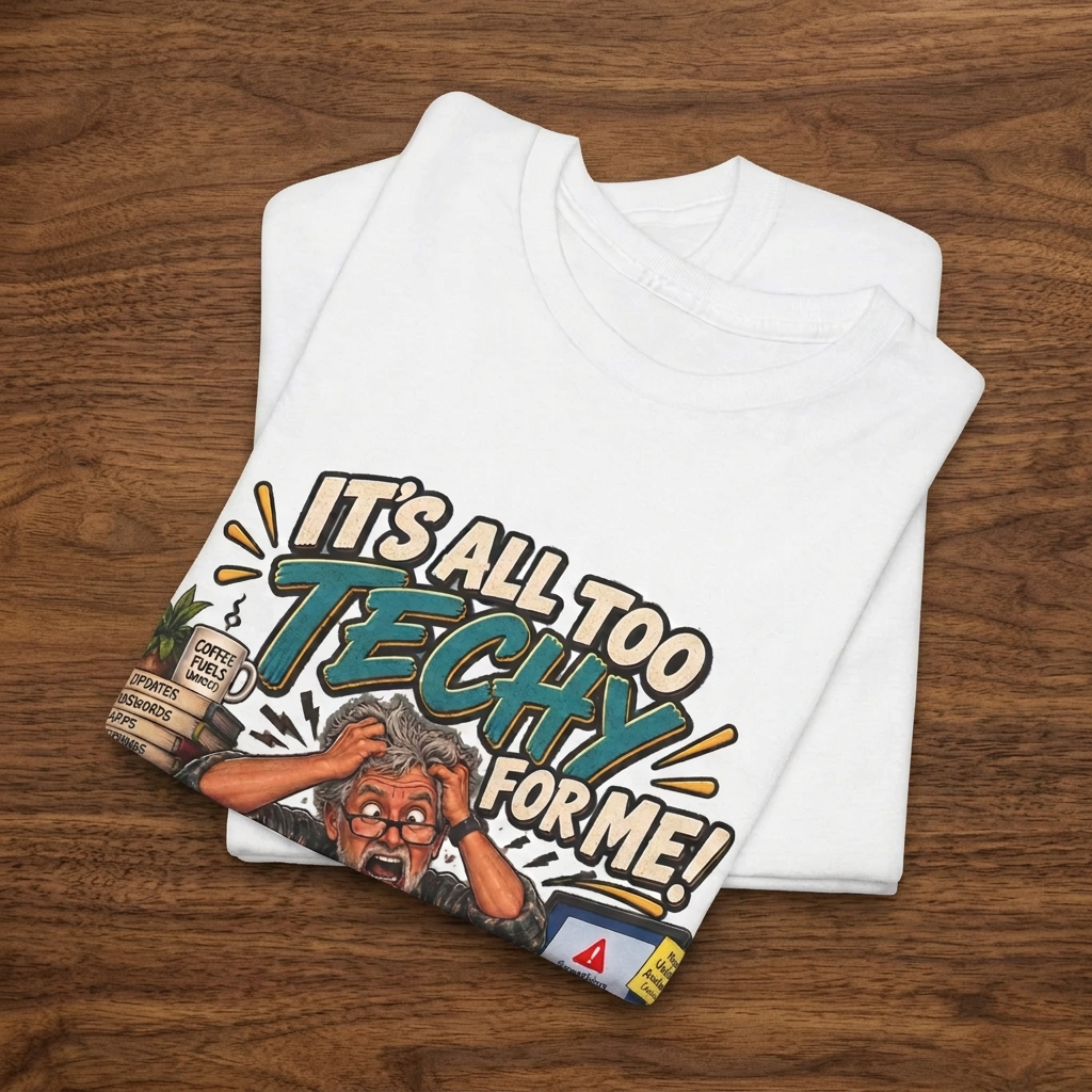 Folded white t-shirt showing the It's All Too Techy for Me lettering and part of the frustrated-man graphic.