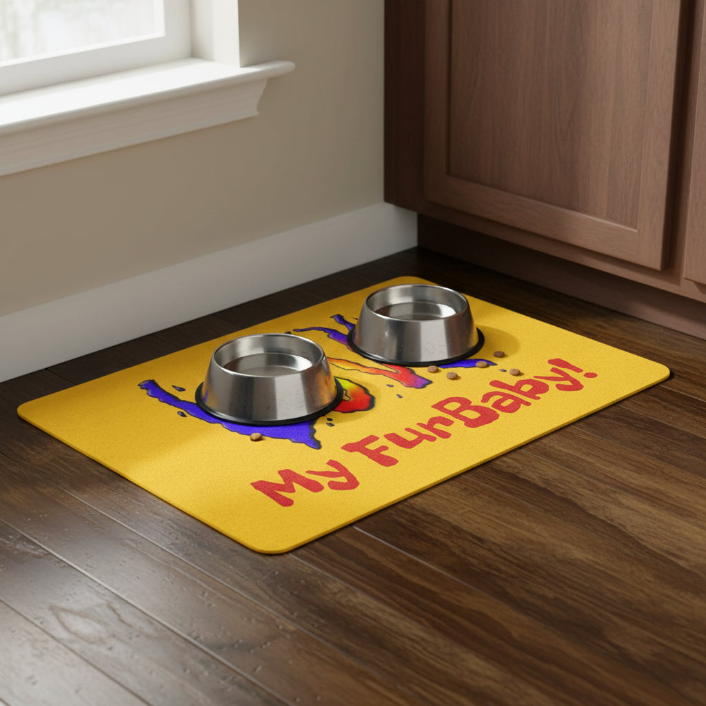 Yellow mat with colorful 'LOVE My FurBaby!' text on non-slip backing