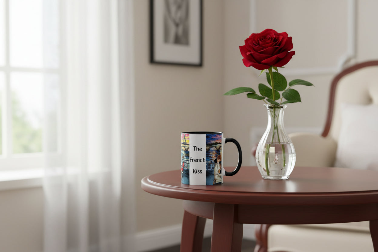 Mug with 'The French Kiss' design featuring a couple and Eiffel Tower.
