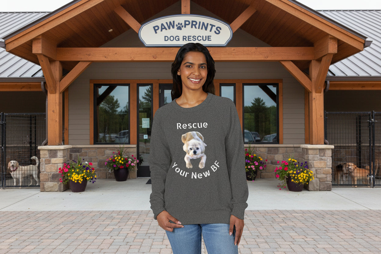 Woman wearing a gray raglan shirt with a dog graphic and text 