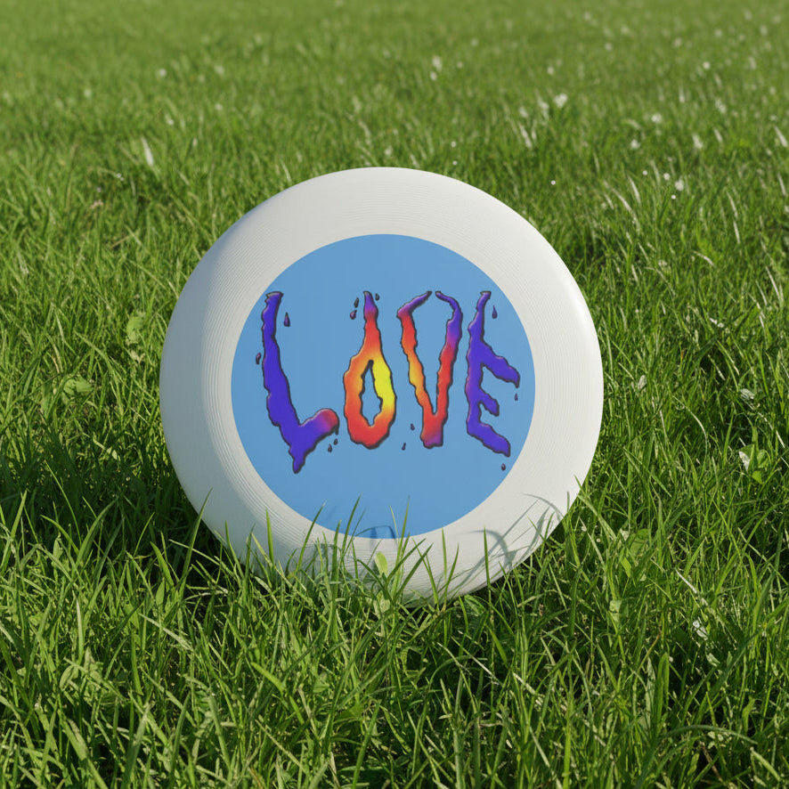 Frisbee with 'LOVE' in colorful letters for hours of fun in choice of colors