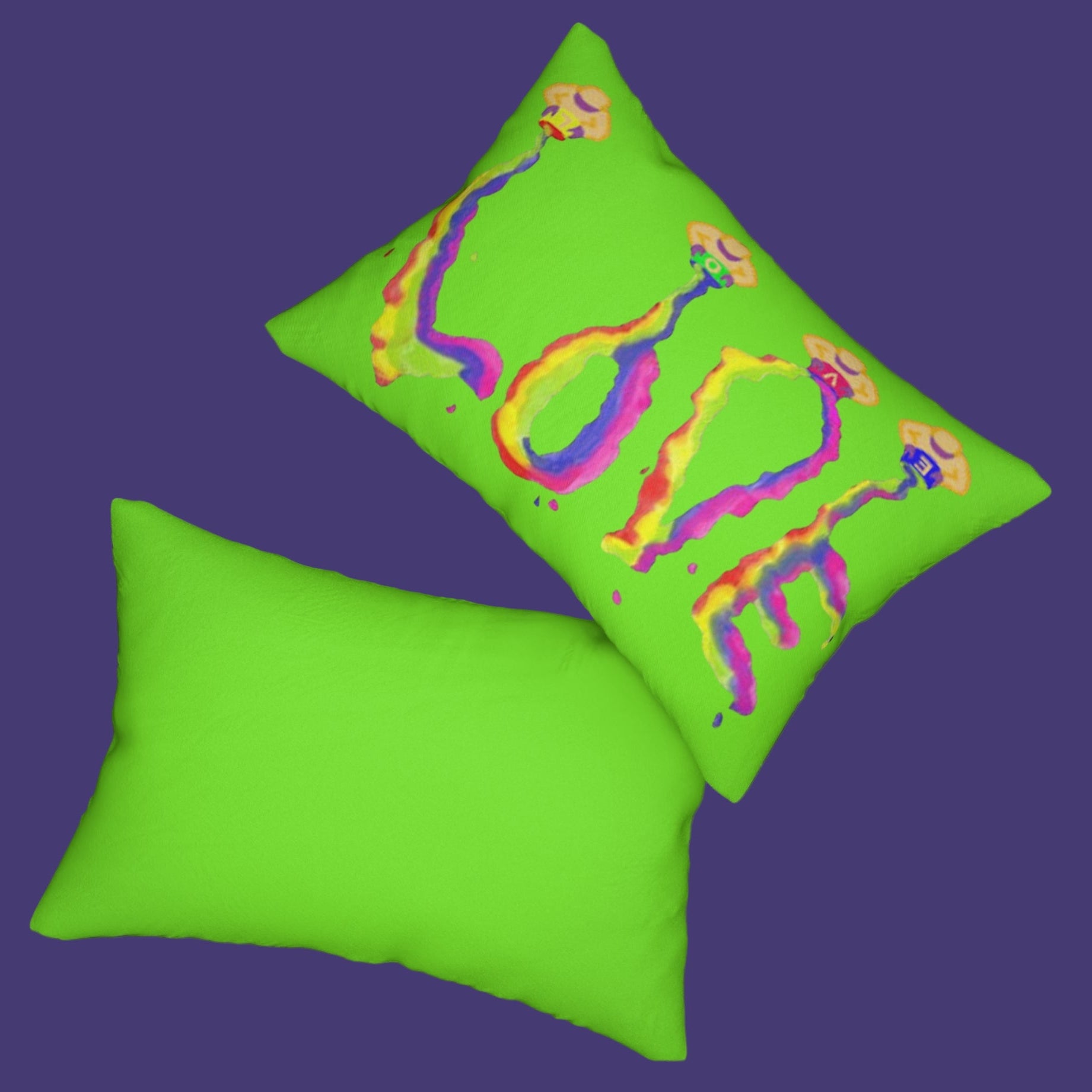 front and back of green pillow with colorfully painted LOVE designs