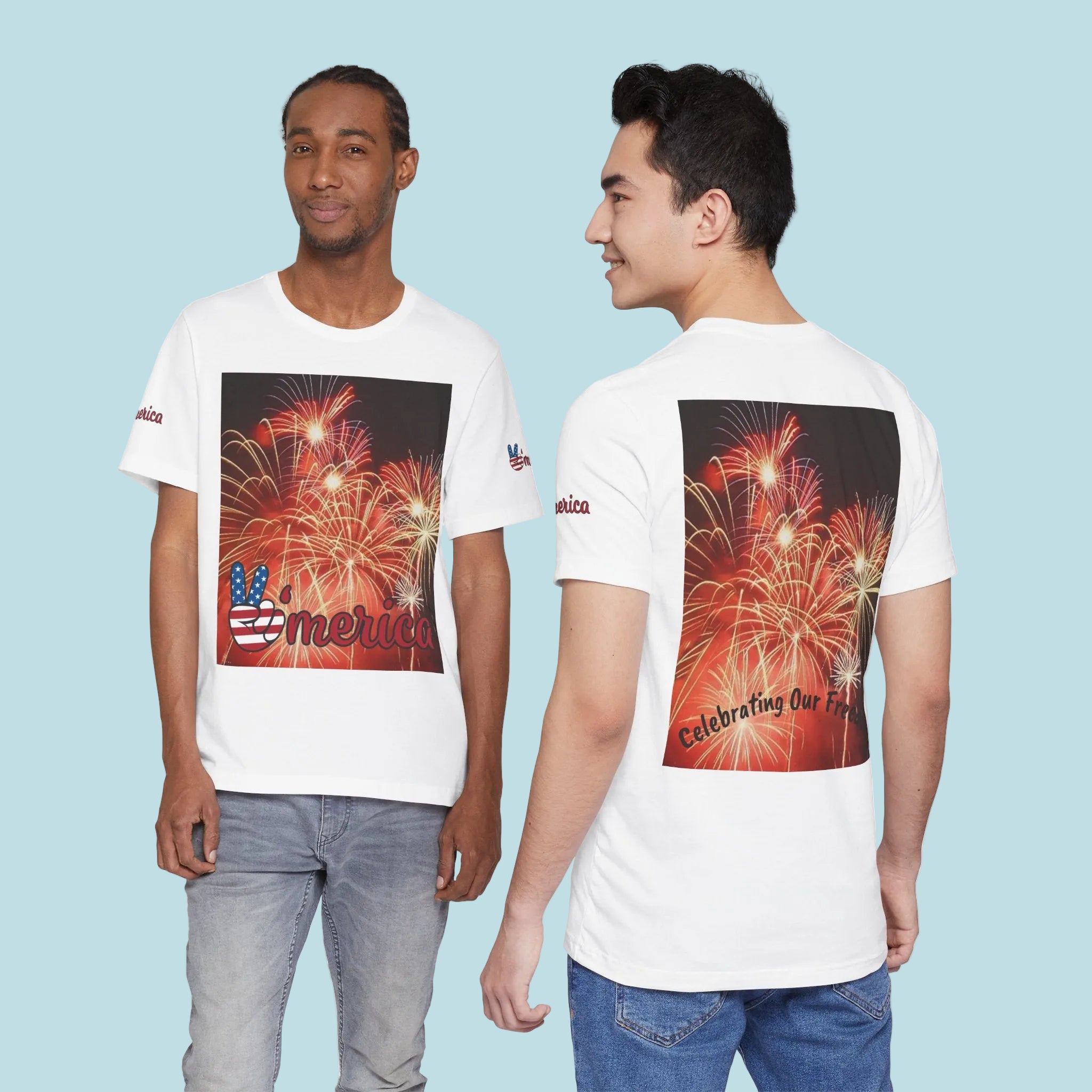 White t-shirt with a fireworks design 