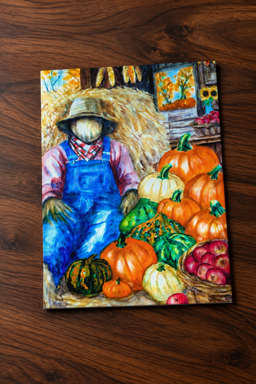 A vertical art illustration depicting a colorful autumn harvest scene with a scarecrow, hay bale, pumpkins, gourds, and apples