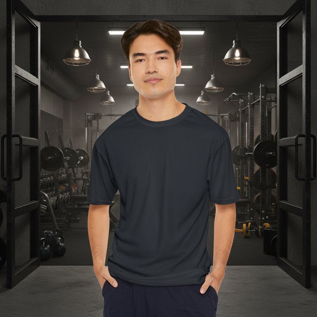 Man wearing a black t-shirt with polyester moisture wicking to keep you cool