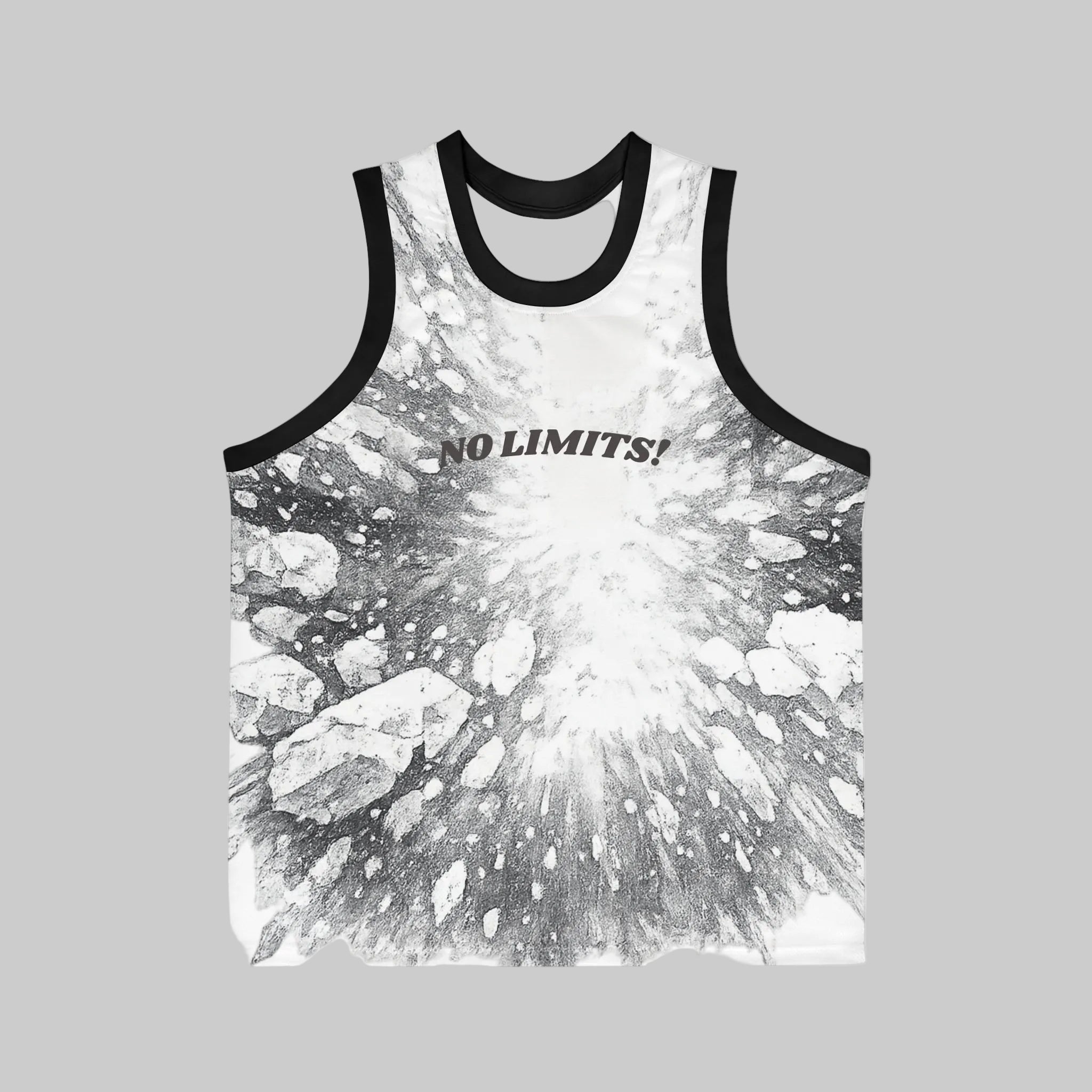 Basketball jersey with cool motivational graphic and black ribbed collar and armholes.