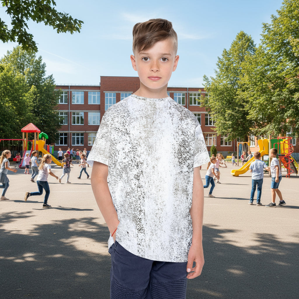 Young boy wearing a white and gray  patterned shirt