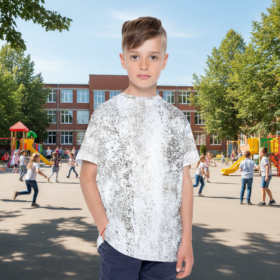 Young boy wearing a white and gray  patterned shirt for boys and girls
