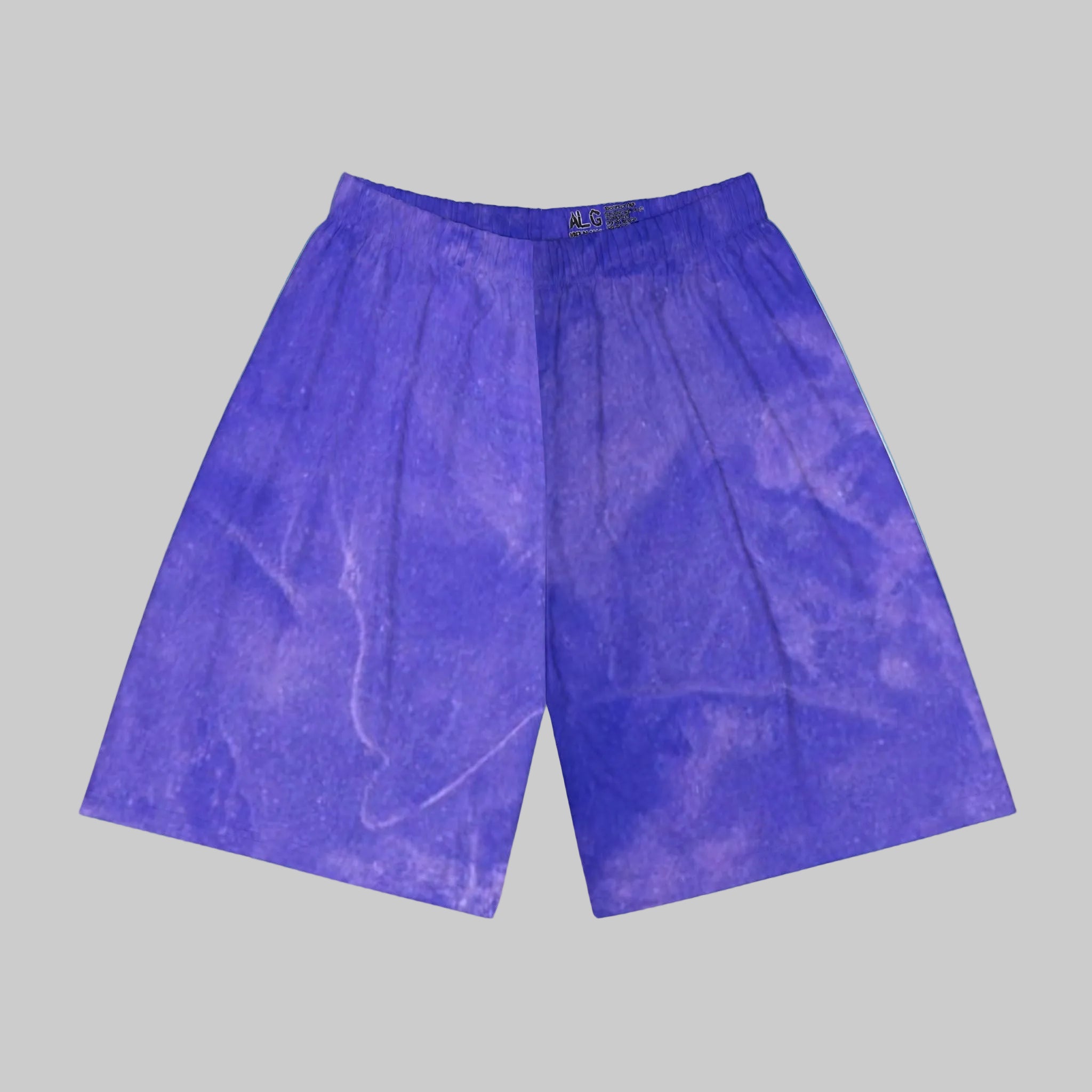 Blue shorts in abstract design shown in front view will become a go to in your wardrobe to chill hanging out, working out, be out at events for it's comfort.