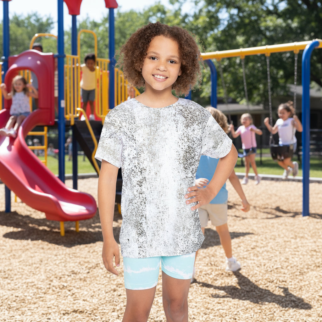 Get attention at school with this trendy unisex gray/white abstract print t-shirt