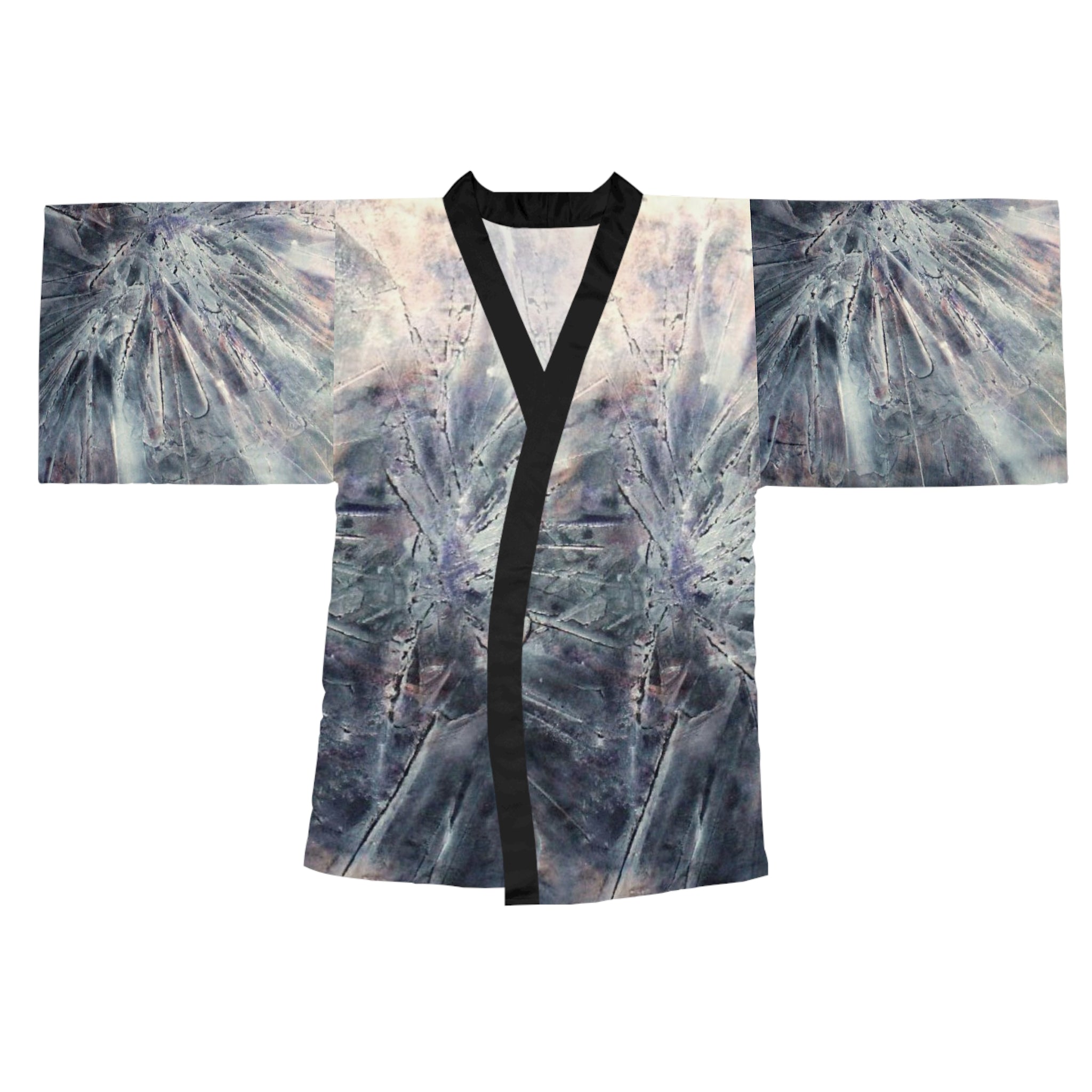 Traditional Japanese kimono with abstract design on a white background