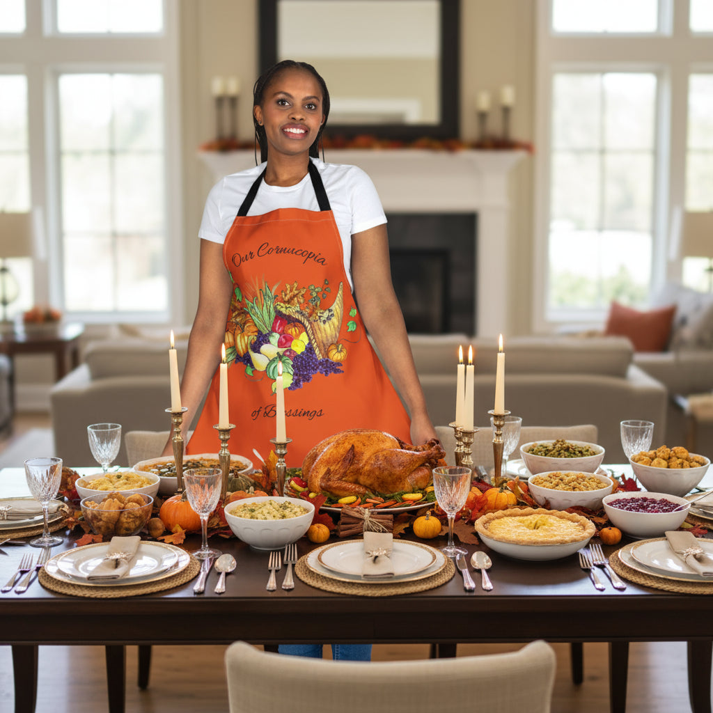 Woman wearing an orange apron with a colorful cornucopia and text 