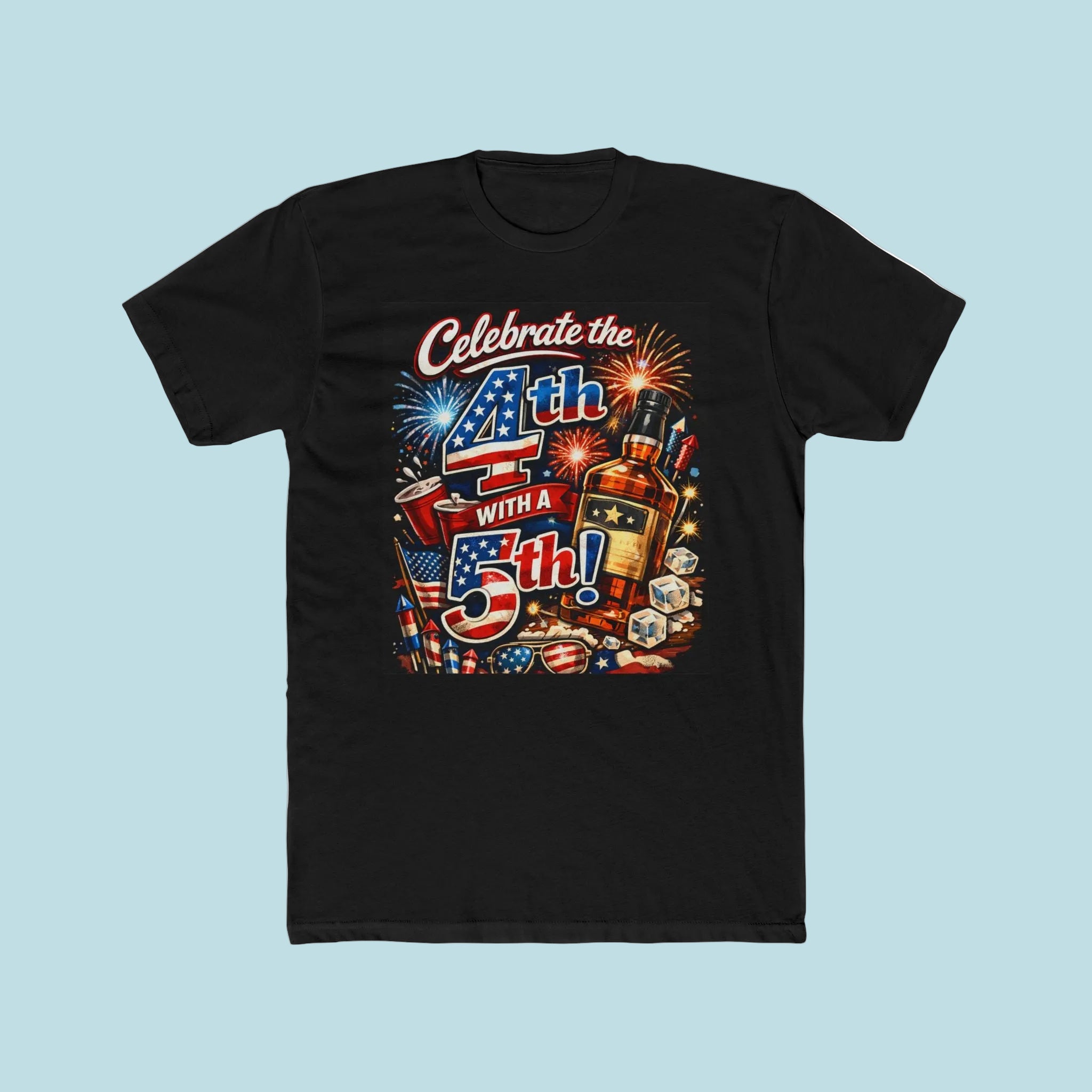 Black t-shirt with 4th of July graphic design featuring a bottle and text celebration