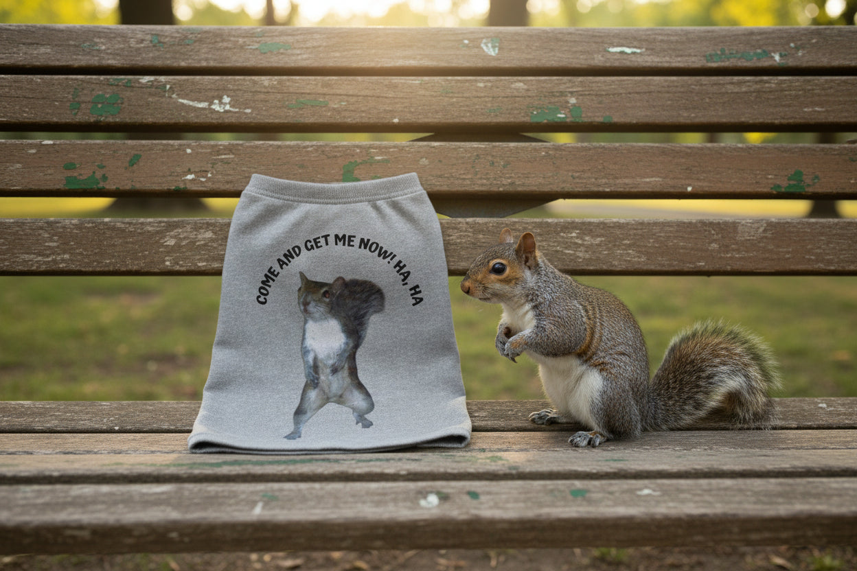 Gray Pet Tank with a graphic of a teasing squirrel and fun text 