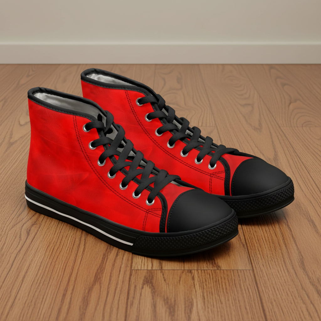 Unisex high-top sneakers with an abstract vibrant red canvas upper and black details, including laces, toe caps, and soles