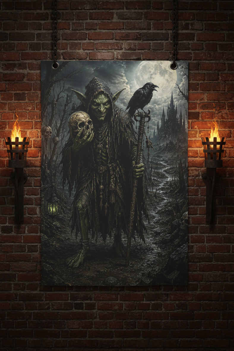 A vertical spooky banner  depicting a dark, gothic fantasy scene with a hooded skeletal figure holding a skull, a raven perched on its shoulder, and a full moon over a misty forest path.
