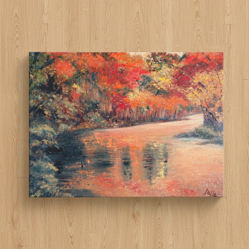 An impressionist-style landscape painting of a winding river reflecting in water, surrounded by vivid autumn foliage in red, orange, yellow, and green tones 