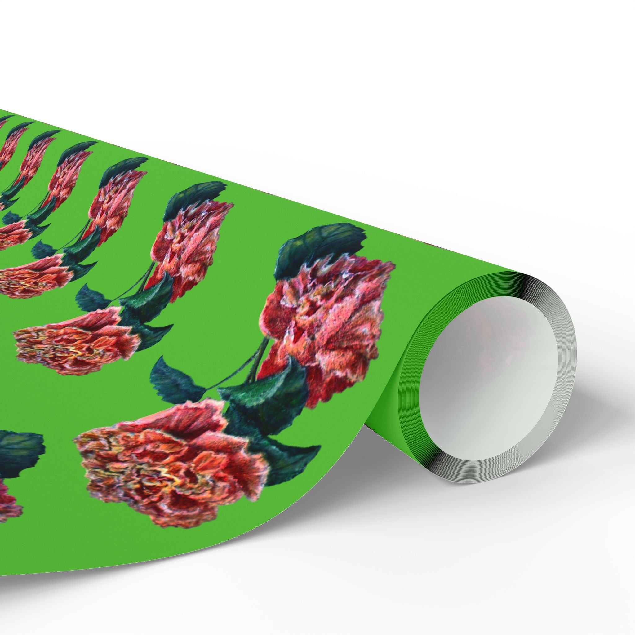 Roll of custom green paper with hand painted pink floral pattern 