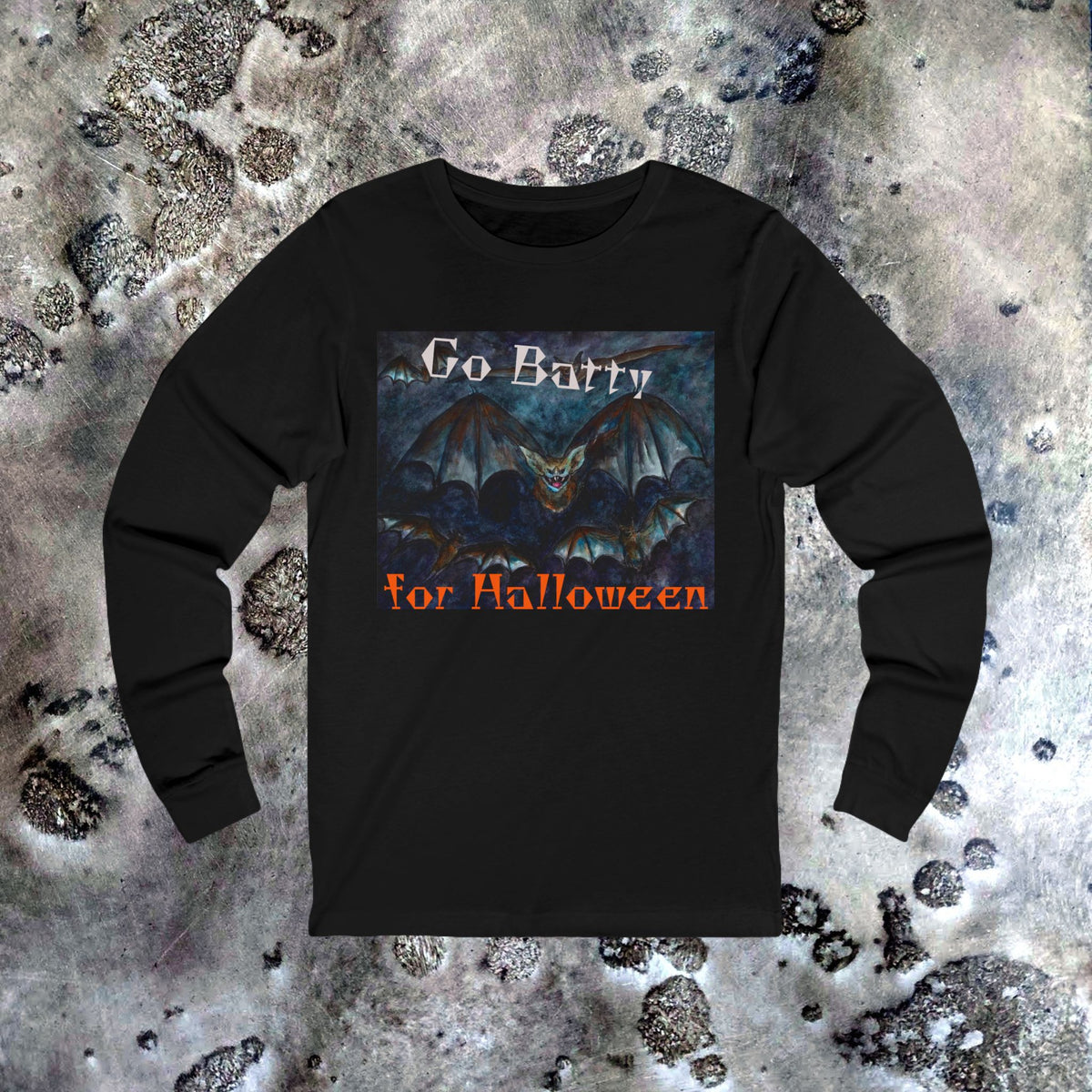 Black long-sleeve shirt with Halloween-themed design featuring a bat on a textured background.