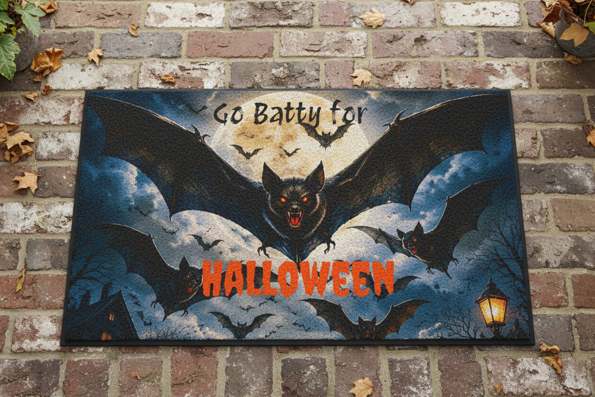 A rectangular Halloween-themed mat with rounded corners, featuring an illustrated night sky with bats, a full moon, clouds, and the text 'Go Batty for HALLOWEEN' in orange. 