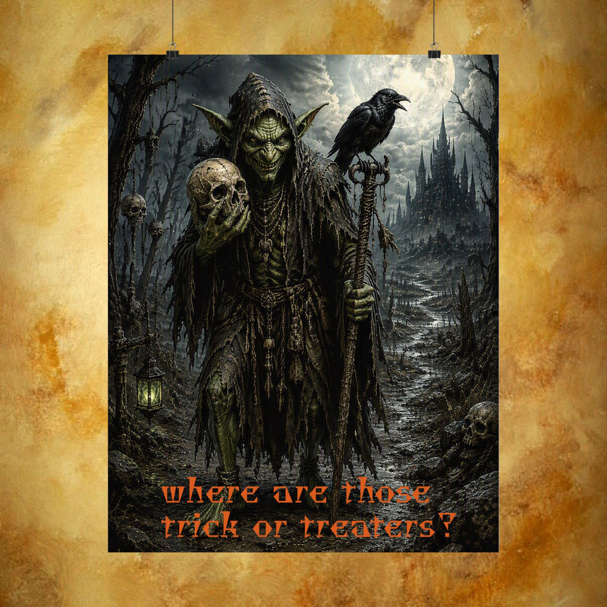 A vertical Halloween poster featuring a dark, eerie illustration of a green-skinned goblin holding a skull, with a raven perched on its shoulder and the text 'where are those trick or treaters?' at the bottom. 