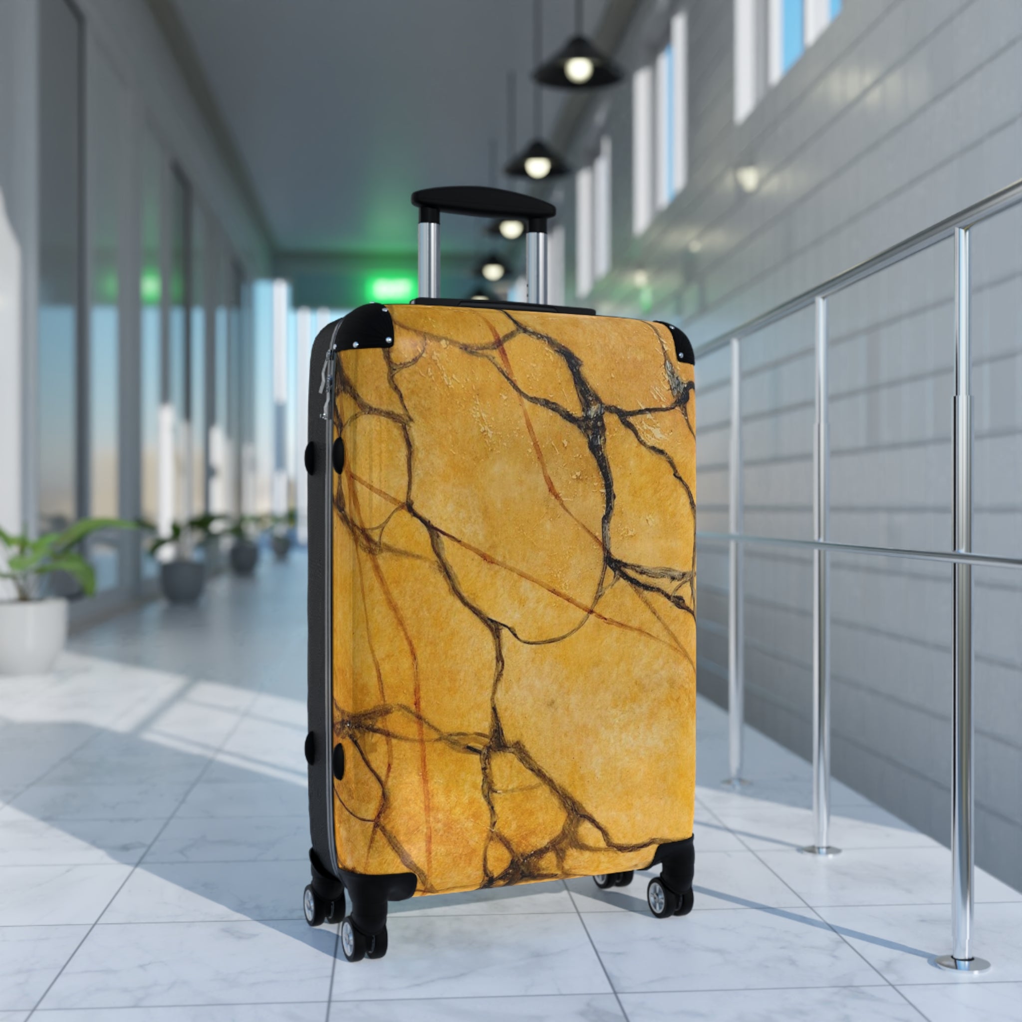 Marble-patterned suitcase in a modern indoor setting