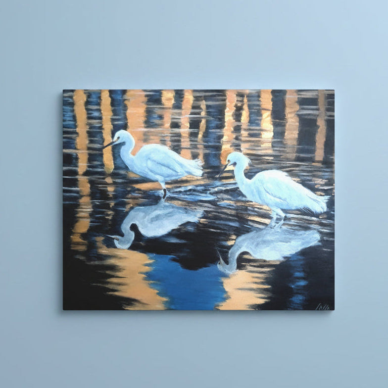 Canvas Print - A pair of wading Egrets at sunset emits peace and color accents in any room