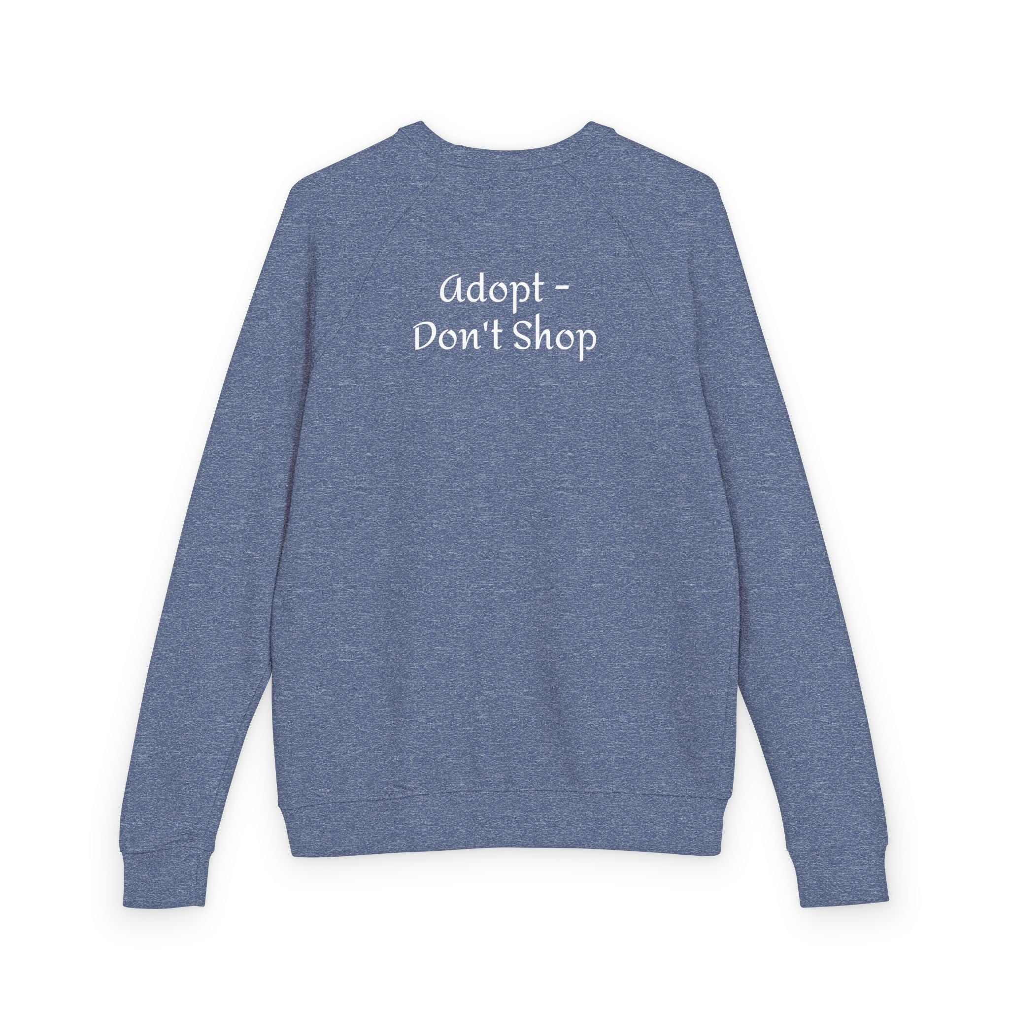 Comfy Denim Heather raglan shirt with 'Adopt - Don't Shop' text on back