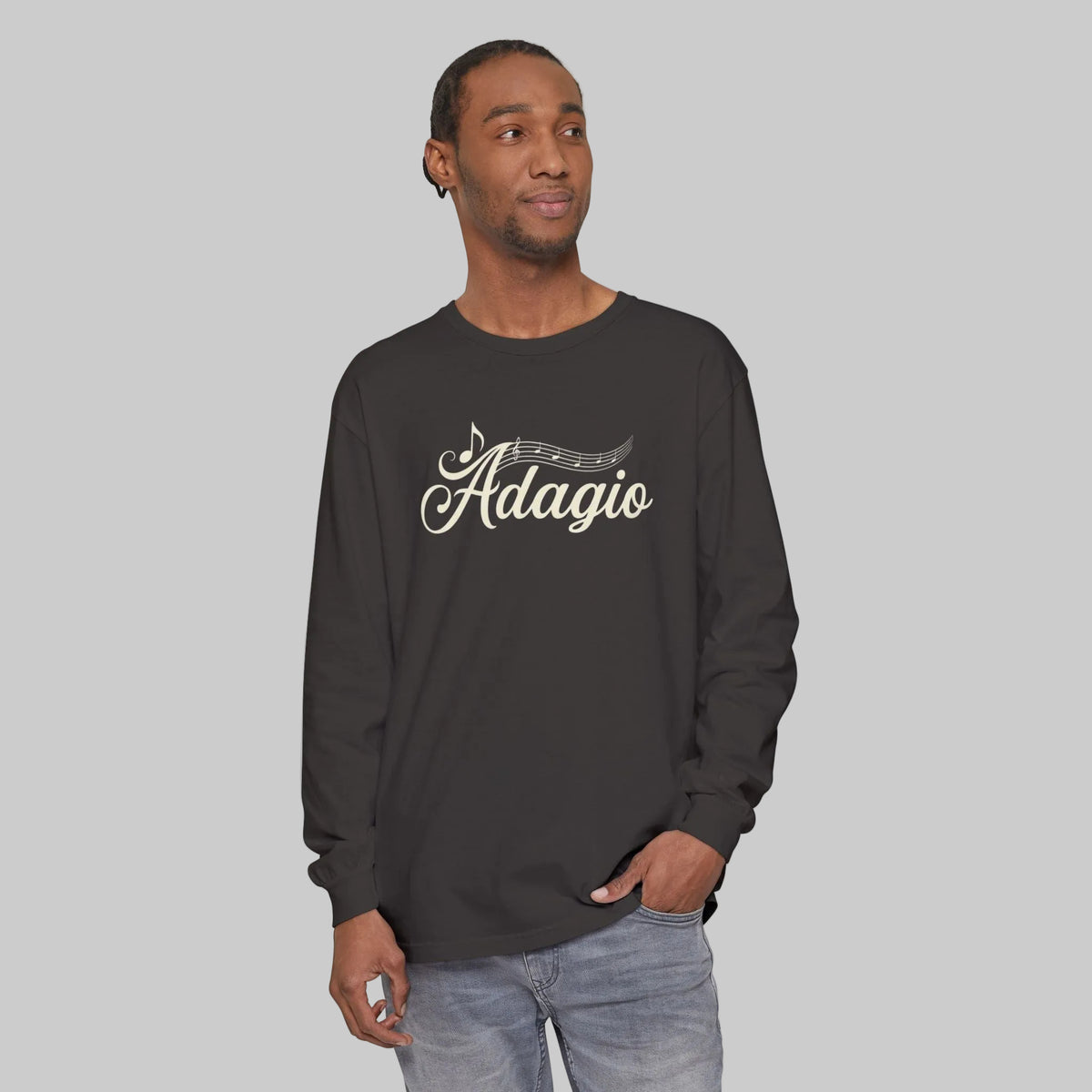 long sleeve cotton Tee with Adagio text