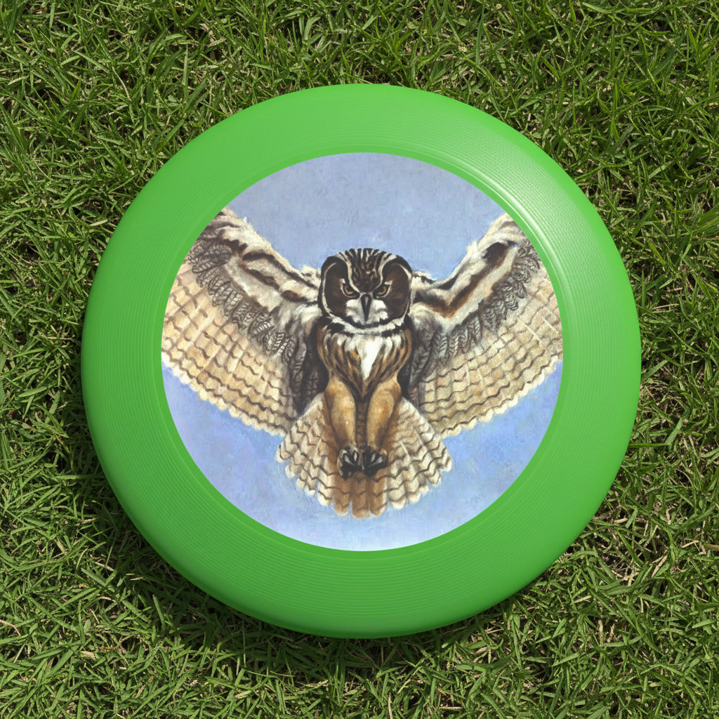 Green frisbee with a painted flying owl - choice of colors