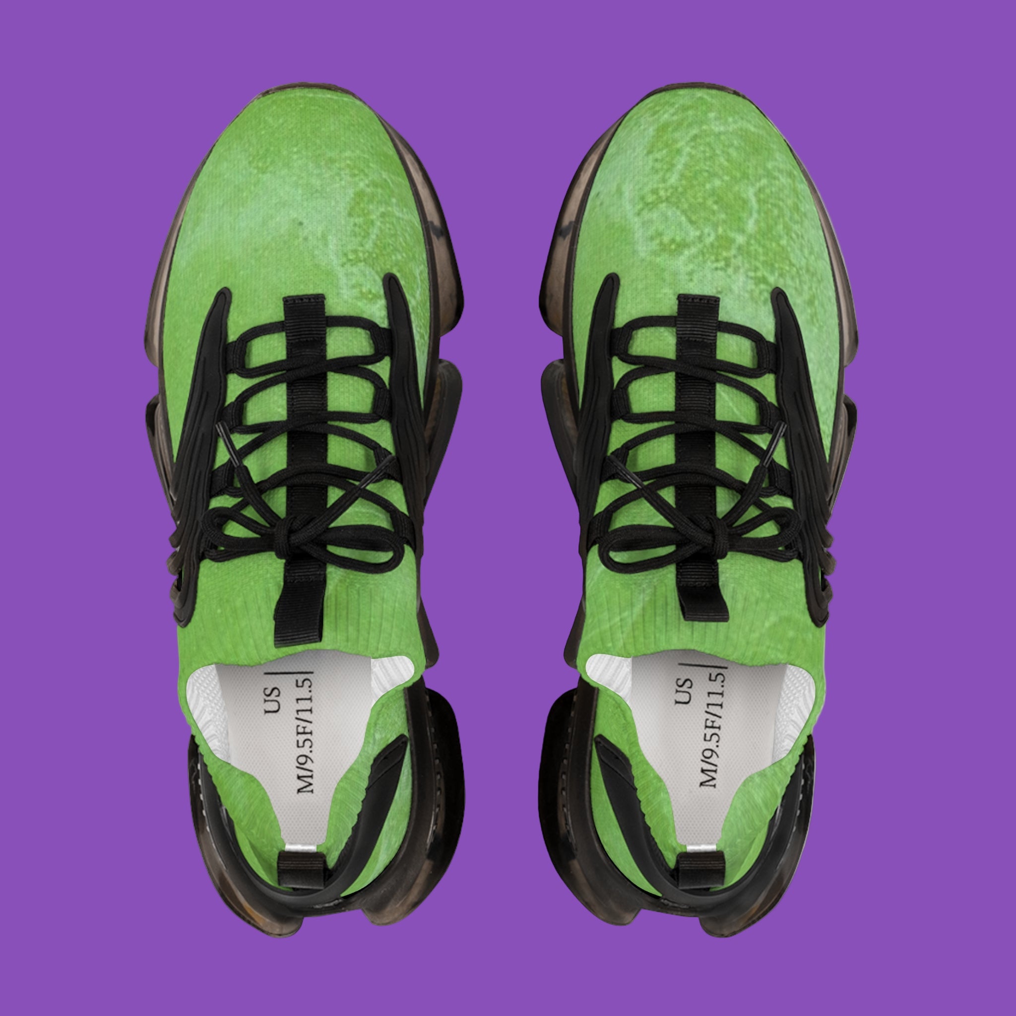 Green sneakers with black laces and trim sizes: 5-12 water resistant