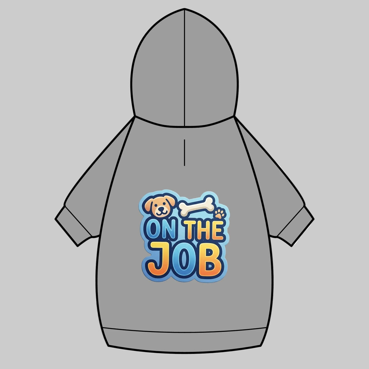 A gray hooded pullover hoodie shown from the back, featuring a colorful graphic print with a cartoon dog head, a bone, and the text 'ON THE JOB' in blue and orange.