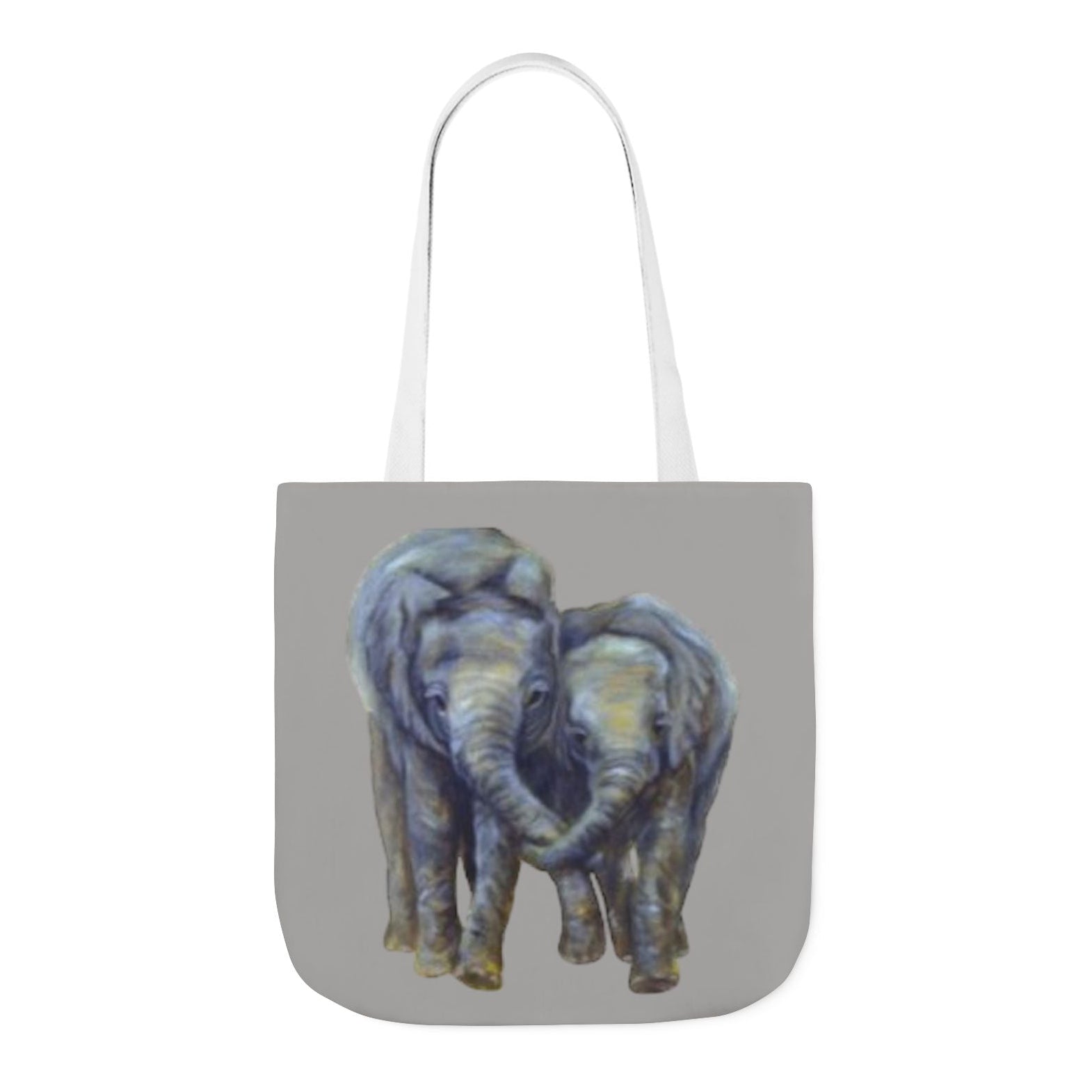 A gray tote bag with white shoulder straps, featuring a printed illustration of two elephants in blue-gray tones on the front and back