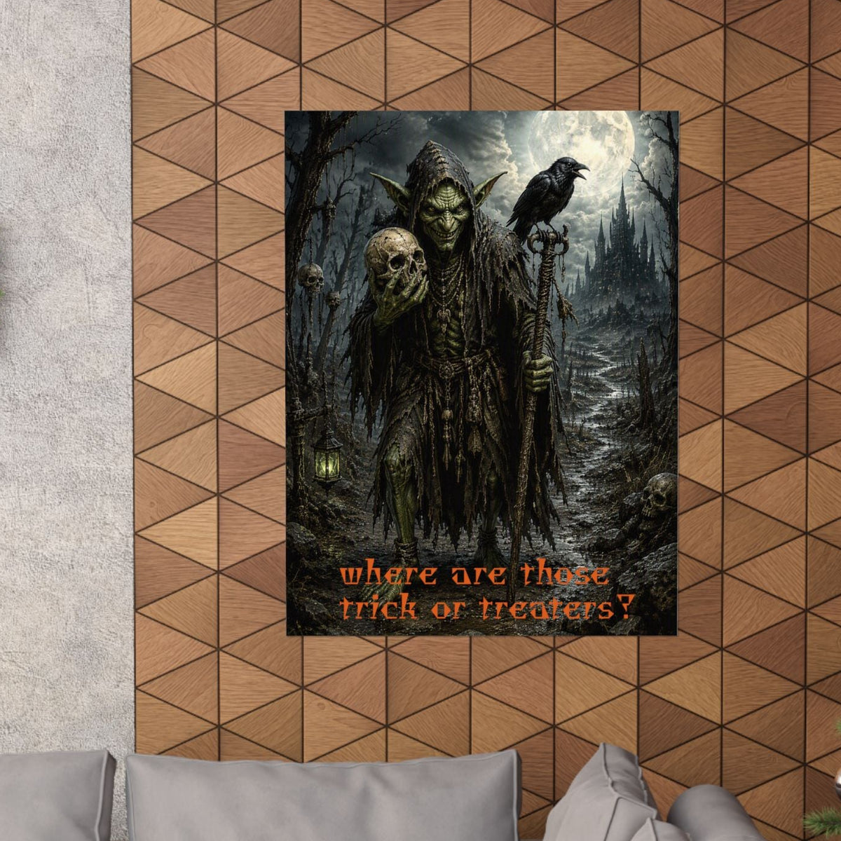 A Halloween-themed wall art print featuring a dark, spooky scene with a hooded goblin, a skull, a raven, and the text 'where are those trick or treaters?' 