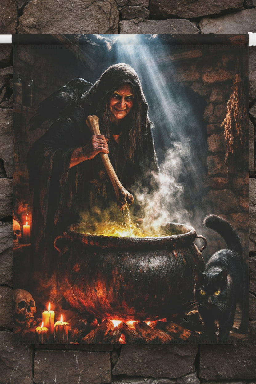 A vertical decorative flag print showing a witch in a dark cloak stirring a large cauldron with glowing yellow contents, with a black cat beside it, candles, and dramatic light rays in a stone room. 2 sizes