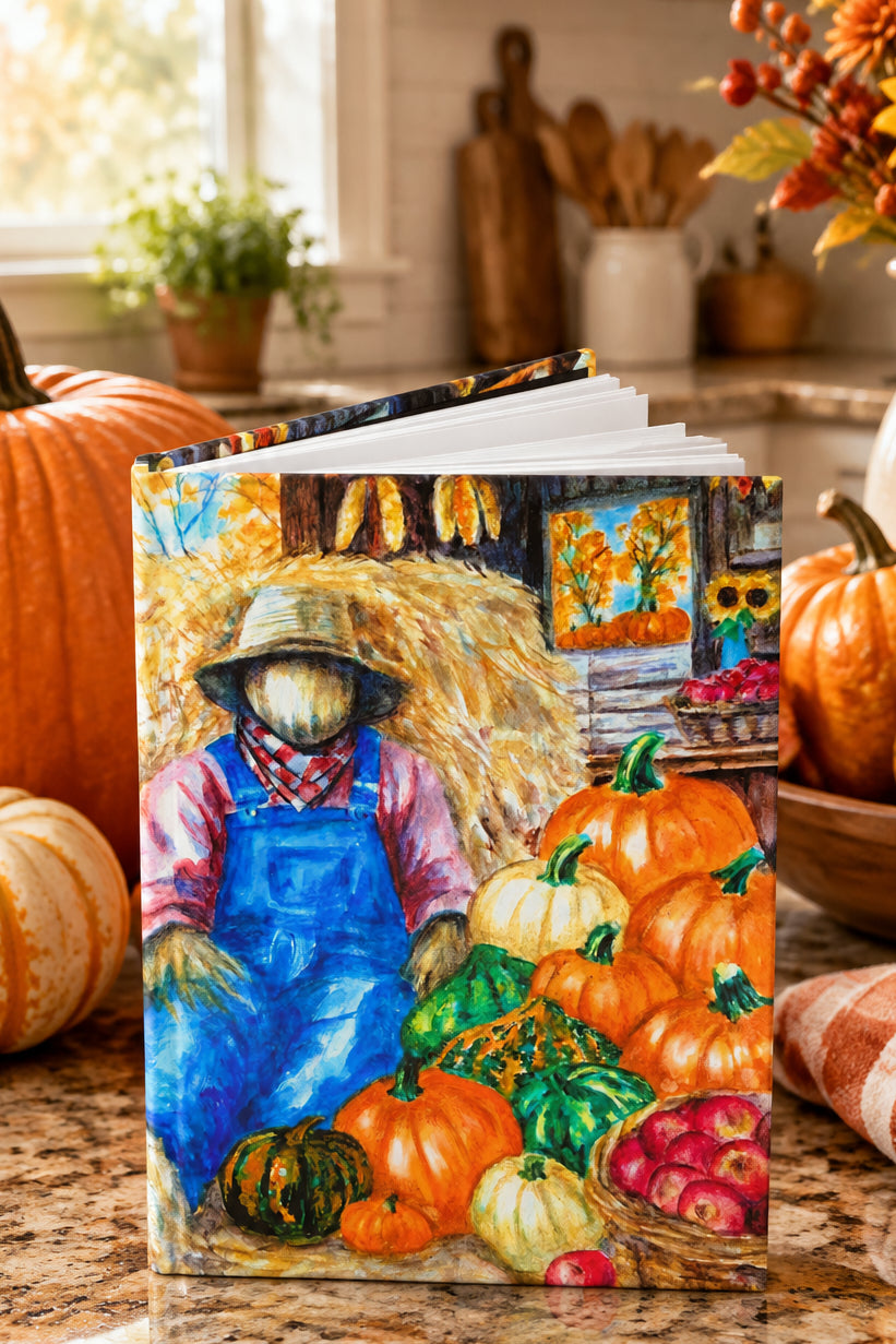 A hardcover journal standing upright, featuring a colorful painted autumn harvest scene on the cover with pumpkins, gourds, apples, hay, and a scarecrow in blue overalls and a straw hat.