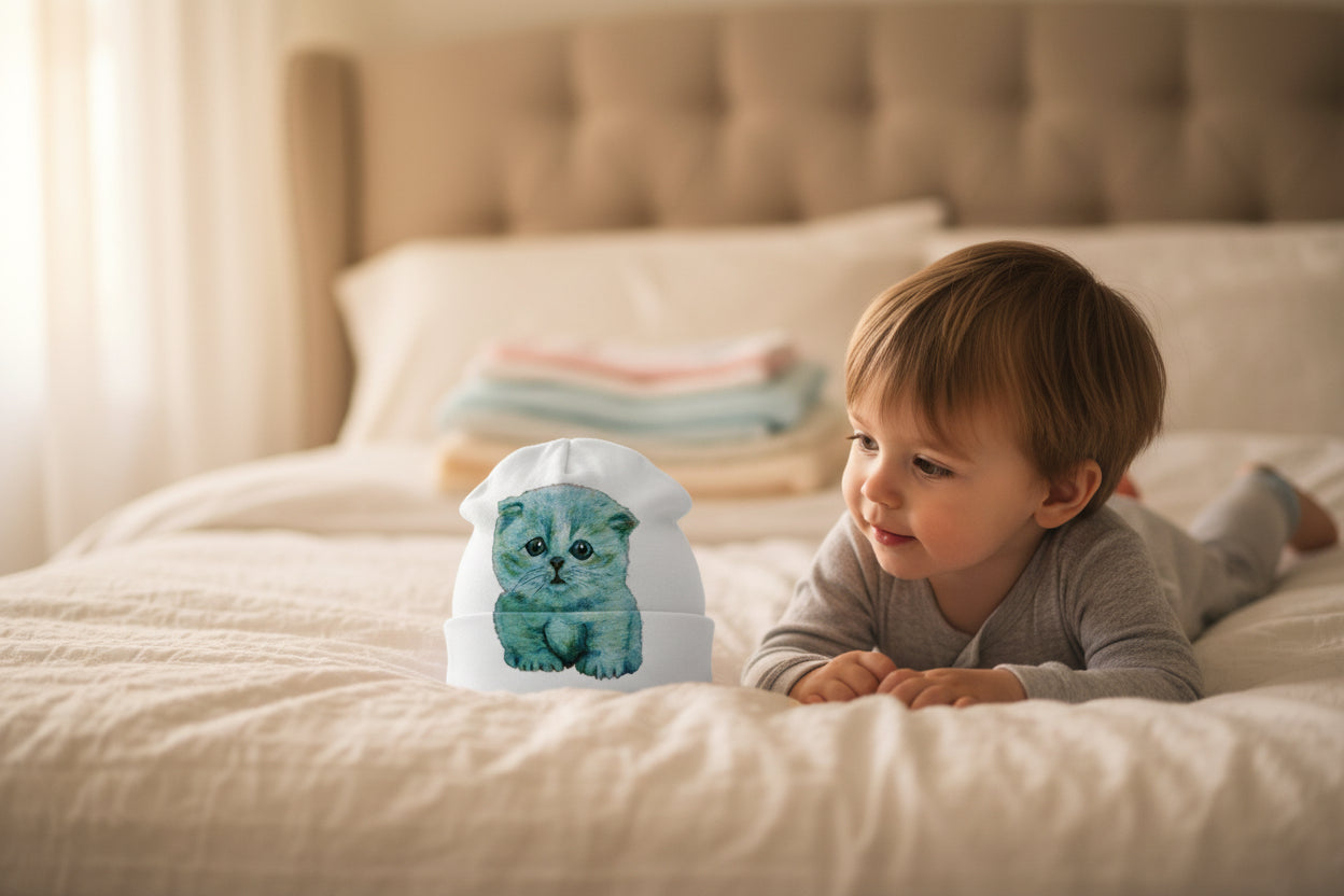 Hats - Adorable Blue kitten illustration on a white baby beanie 