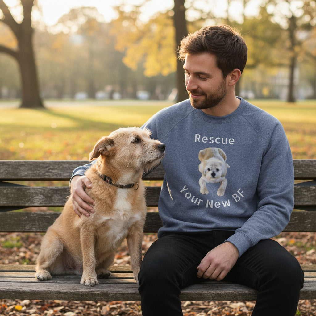 Unisex heather denim raglan  crewneck with a dog rescue graphic and text 