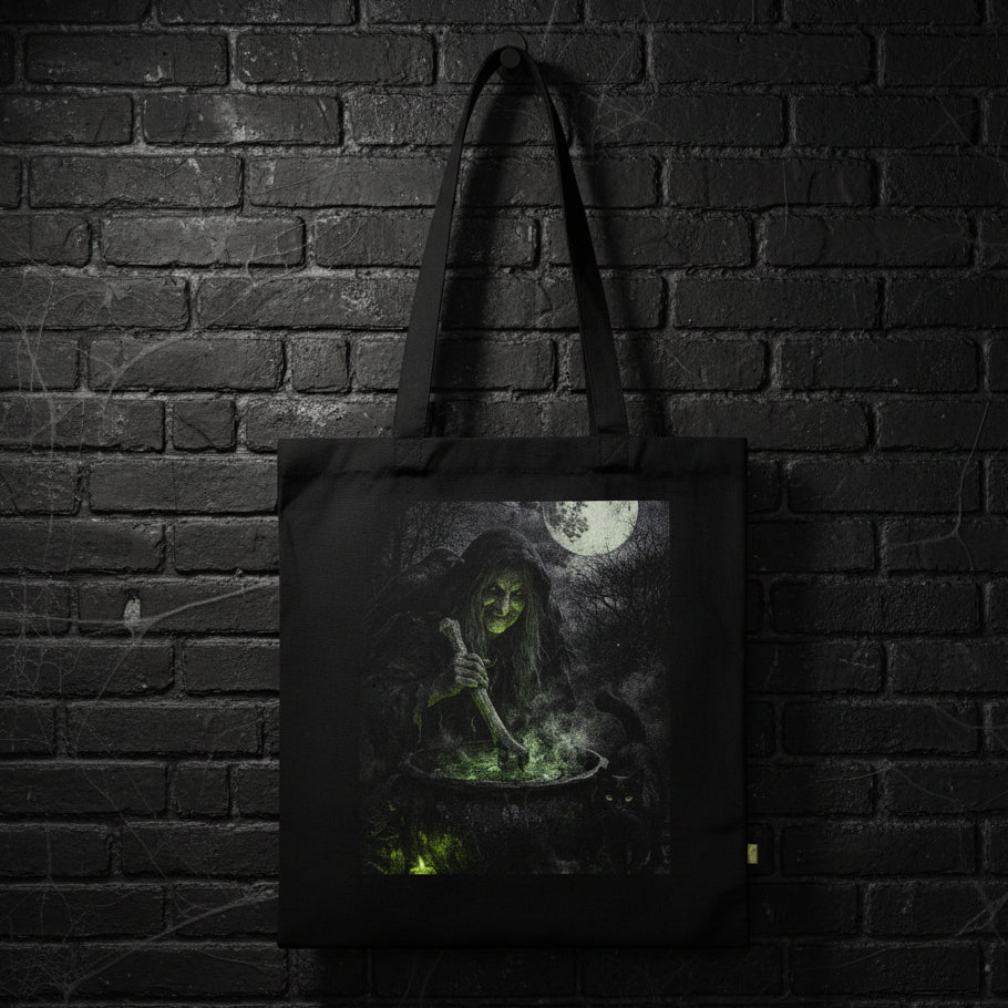 Black heavy cotton Halloween Tote Bag with spooky witch graphic stirring her cauldron with a bone